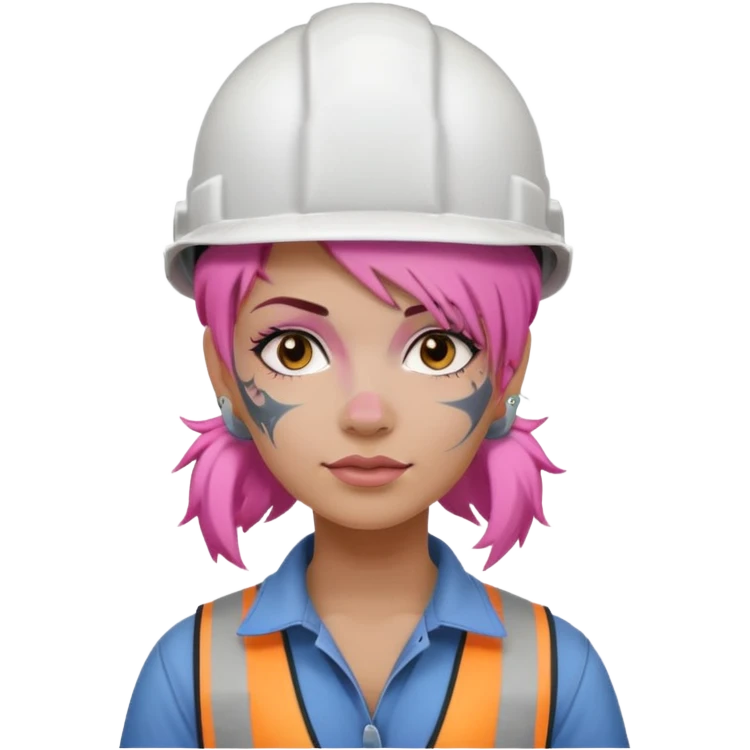 construction worker woman pink hair, white helmet and face tattoo emoji
