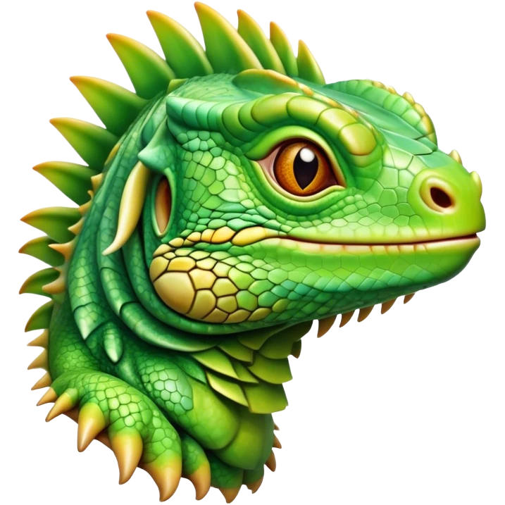 Cinematic Realistic Cute Iguana Portrait Emoji, Head tilted playfully and inquisitively, featuring a compact, agile build with a glossy, intricately scaled body in vivid green hues and a characteristically expressive face with bright, curious amber eyes, rendered in lifelike detail with natural highlights, high shine, affectionate and lively, styled with a touch of tropical whimsy, soft glowing outline, capturing the essence of a mischievous yet lovable iguana that seems poised to scurry out of the screen into your arms! emoji