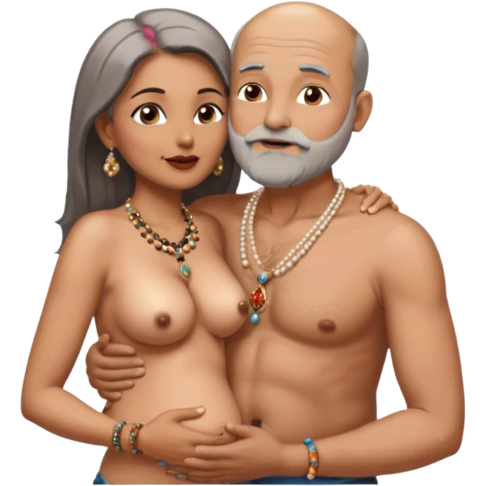 A man in his 69s balding with a grey beard passionate ly kissing the belly botton of an Indian woman in her 40s wearing a beads chain with here cleavage visible and embracing the man emoji