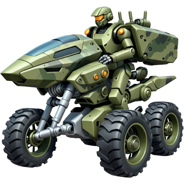 a 4-wheel camouflage army massive mech motorcycle shooting forward enemy mech off-road racing motorcycle  emoji