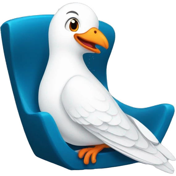 Create for twitch a comic style animated white dove with orange mouth sitting and laughing on a blue chair hitting its knee. Transparent background  emoji