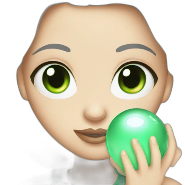 white girl with green eyes, holding a crystal ball emoji