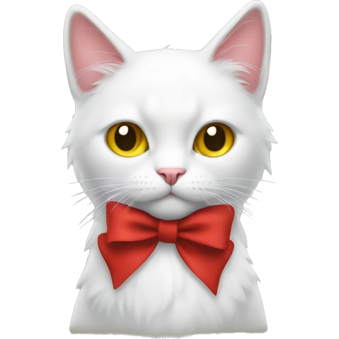 A cat that stands up on two feet has white fur and a yellow nose and a red bow emoji