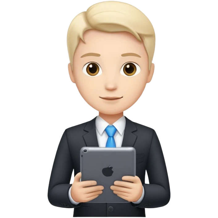 business executive confidently, holding a digital tablet or folder, wears smart business attire emoji
