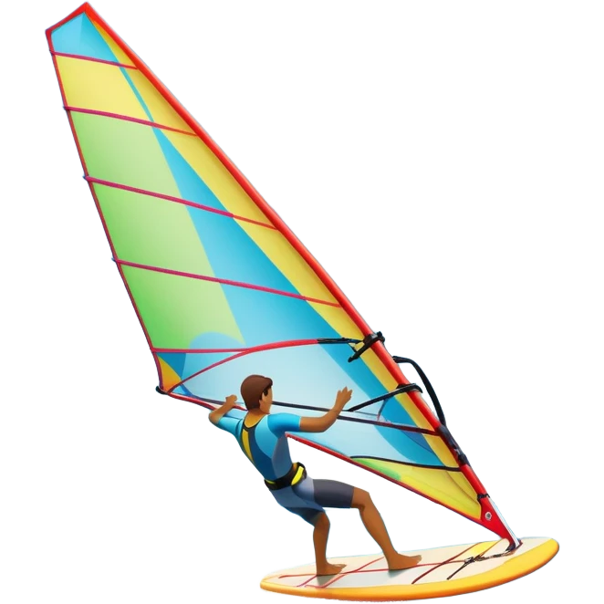 A windsurfer gliding across the ocean, with a vibrant sail catching the wind. The scene captures the motion of the board riding the ocean waves, surrounded by the bright blue sky and ocean, symbolizing the excitement and skill required in the sport of windsurfing. emoji