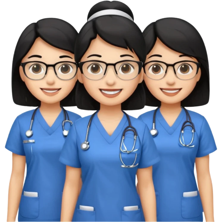 Genera emogis de 4 cuatro enfermeras de cabello negro largo, una de ellas con lentes emoji
