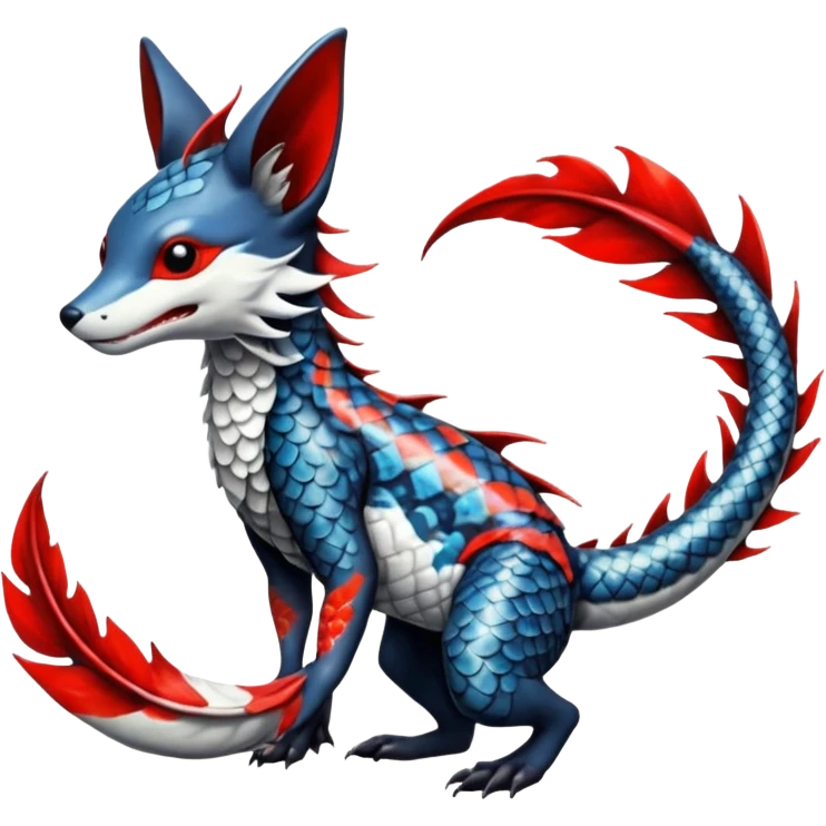 Edgy badass swimmy wet painted intricate ornate Japanese Asian koi-Sergal-Lykoi-Linoone-Electrike-Linoone-Zangoose-fusion-hybrid-animal-Fakémon-creature, full body, thin long sleek scaly tail, intricate markings emoji