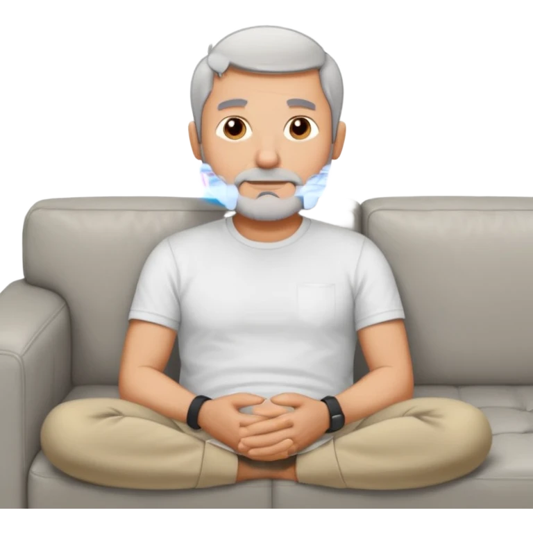 a 50 yo man short grey hair stubble beard laying on a ottoman of a light grey cord couch emoji