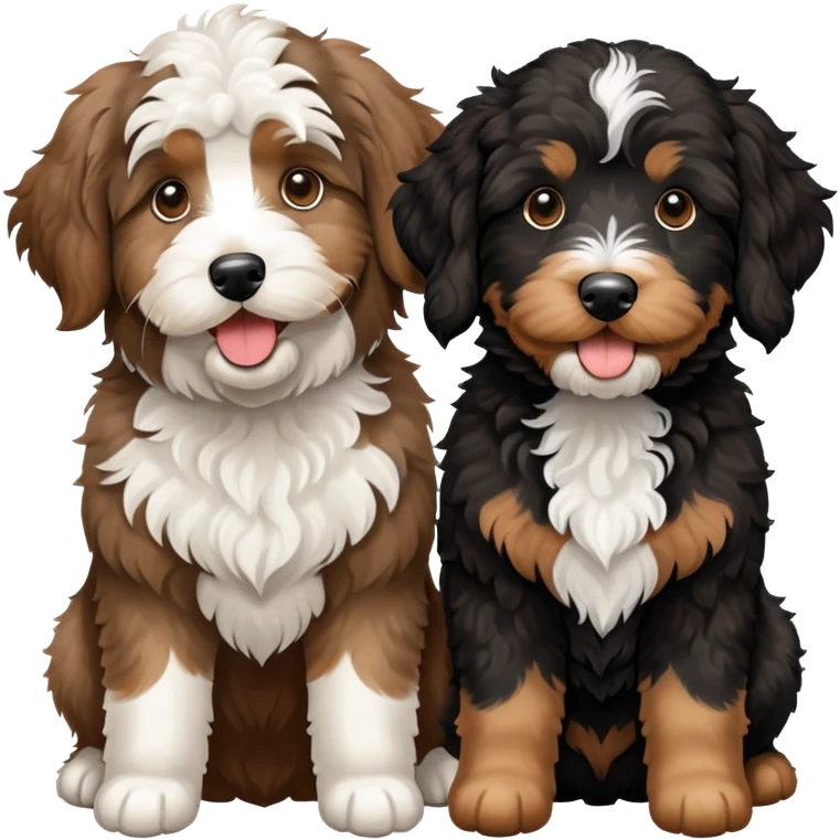 2 dogs: one light brown Aussiedoodle, one all-black Bernedoodle with white eyebrows some white markings, no brown coloring. Both same size. emoji