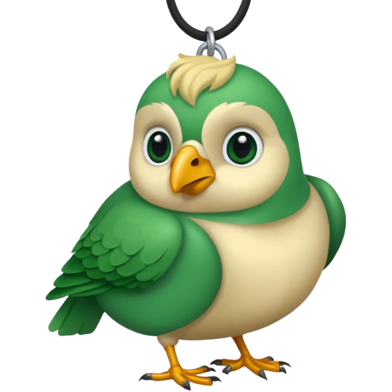 un oiseau classique tout vert avec un collier autour de son cou avec des breloque argentées et un seul poil blond qui fait une petite bouclette sur le front  emoji