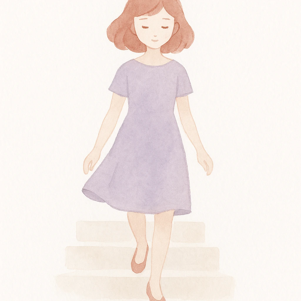 Illustrate a girl in a purple dress stepping down the stairs, viewed from the front. Maintain a soft watercolor illustration style with pastel colors, delicate linework, a gentle, whimsical mood, and minimal, soft shading. emoji