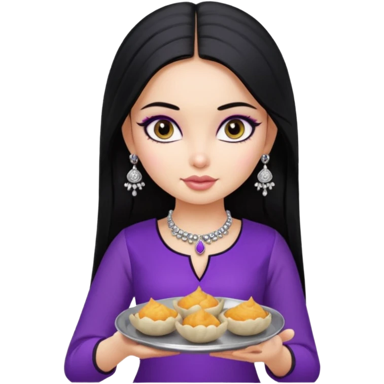 a pretty bratz girl with straight black hair, wearing a purple kurti, silver jhumkas, eyeliner, carrying a plate of momos emoji