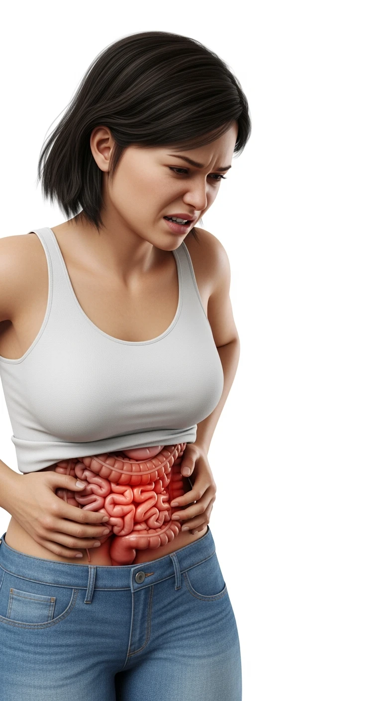 UNA DONNA REALISTICA con mal di pancia, INTESTINO ANATOMICO INFIAMMATO VISIBILE, MAL DI PANCIA, ISOLATA SU SFONDO BIANCO, IPERREALISTICA 4K emoji
