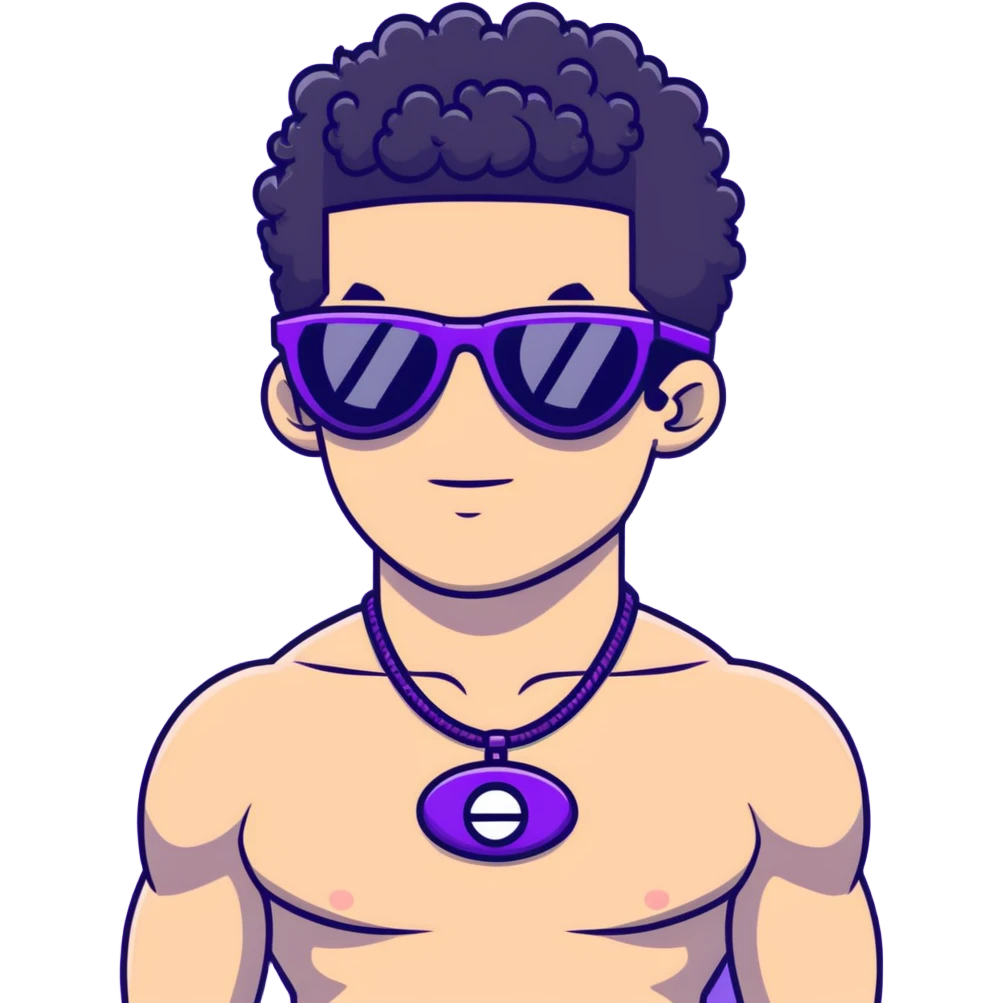 shirtless male athlete with white skin and moderately curly black hair on top with shaved sides, wearing purple sunglasses with black tinted lenses and a shiny black necklace emoji