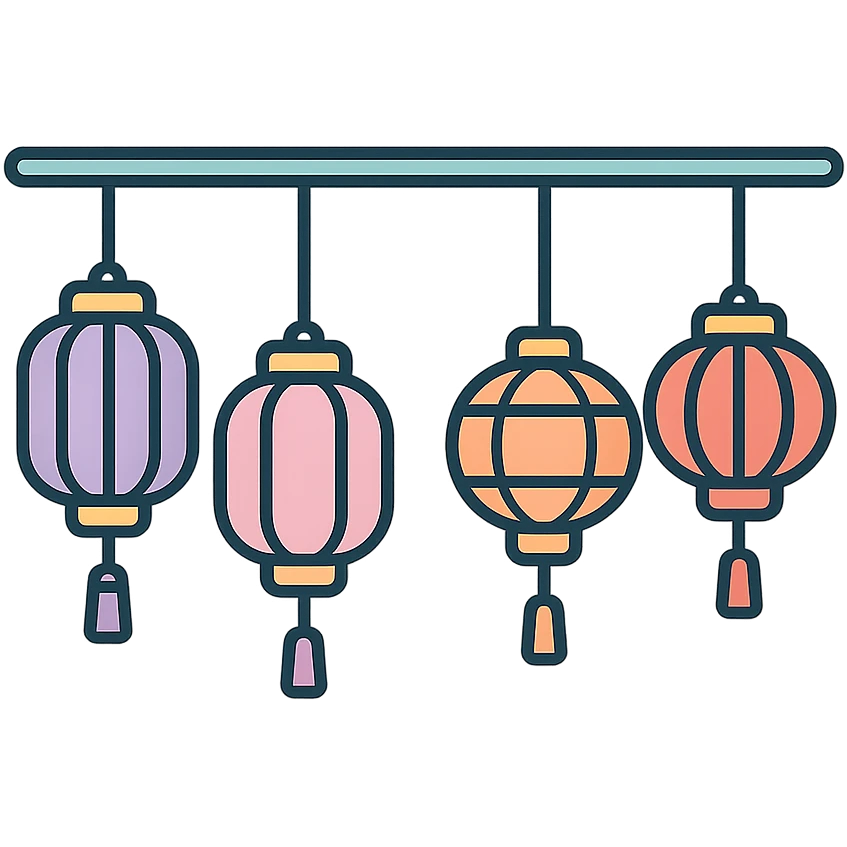 horizontal text divider, long delicate thread with Chinese lanterns, thin clean outlines, soft rounded shapes, pastel palette #98B5BC, #B5B3C1, #C9A3C9, #E4C0CA, #F7DCD1, #F7C0AA, detailed shadows and highlights, soft lighting, transparent background, modern Japanese pop art and sticker aesthetic, length about 8 emoji slots emoji
