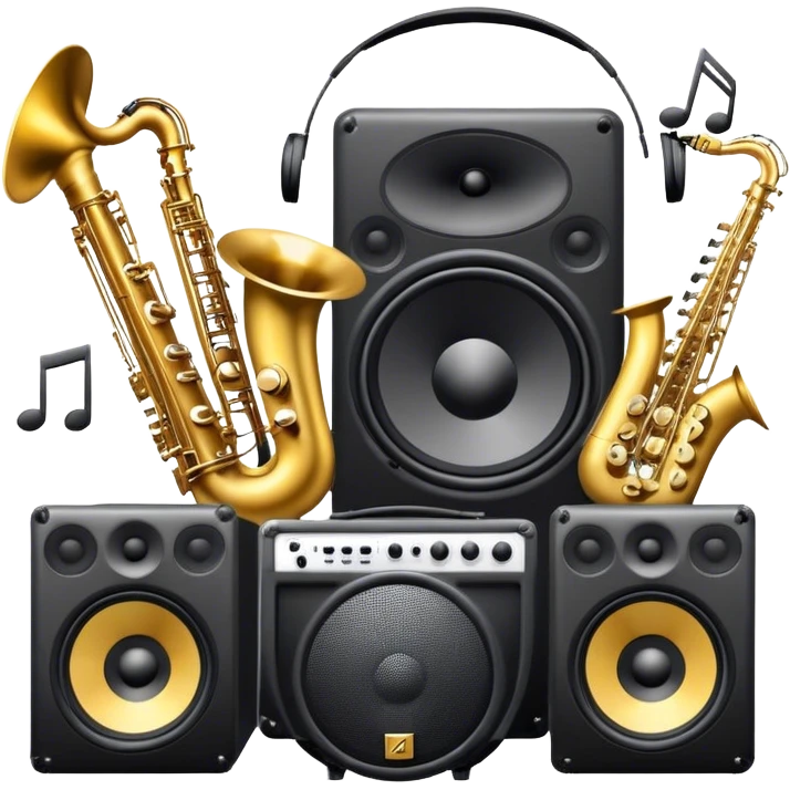 Icon for R&B Music Listening: large concert speakers and headphones with waves of musical notes coming out, along with drums, bass guitar and saxophone. The icon should convey the energetic and rhythmic vibe of R&B music. Transparent background emoji