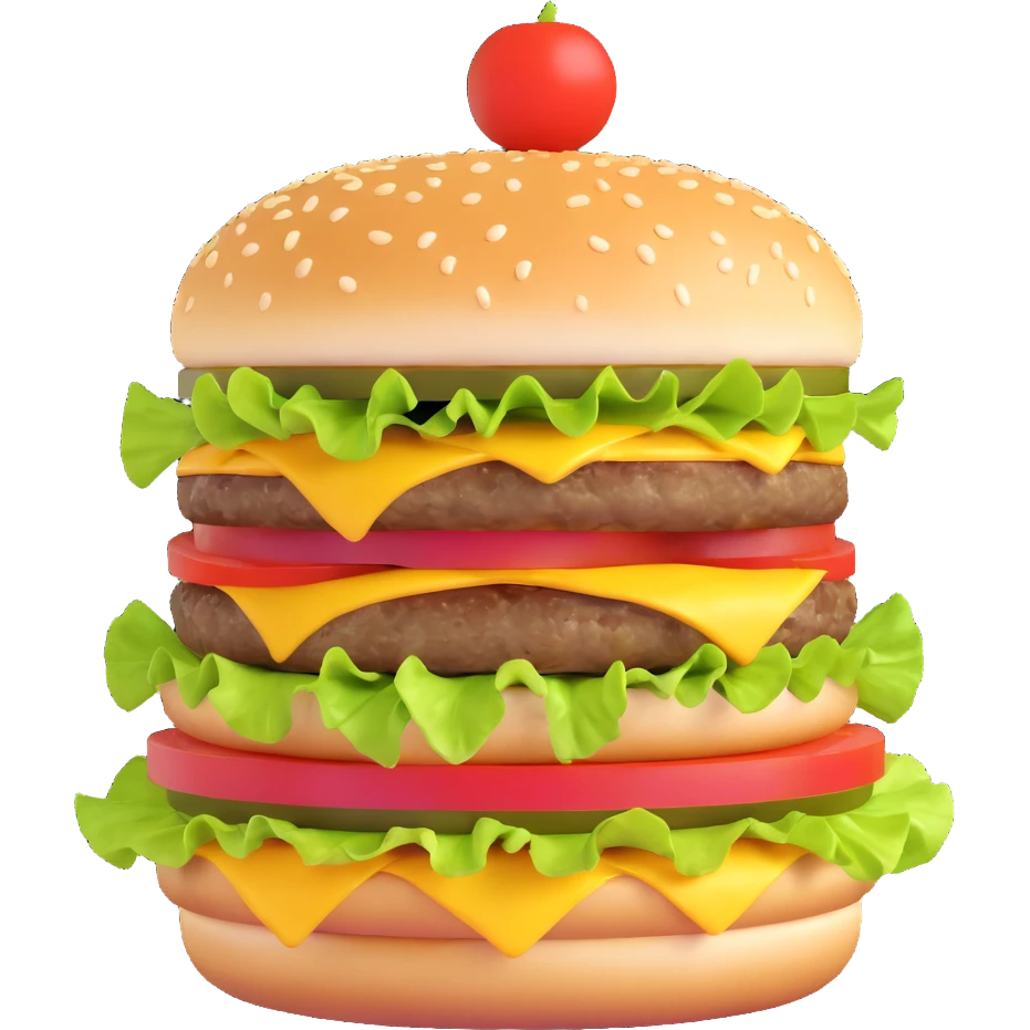 3D illustration of a stacked cheeseburger with extra cheese, lettuce, tomato, and pickles, realistic style emoji