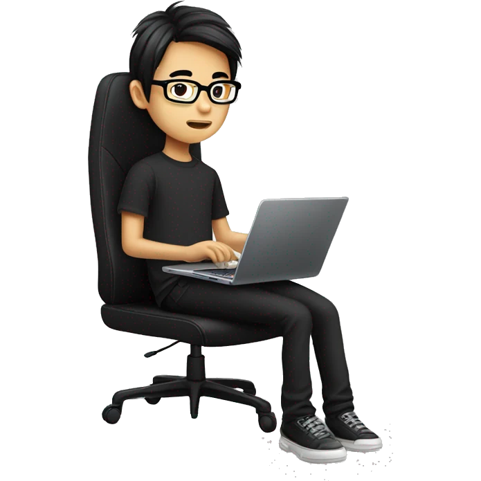 asian boy with glasses, long long straight hair, wearing black clothes , working on his laptop seating on a gaming chair emoji