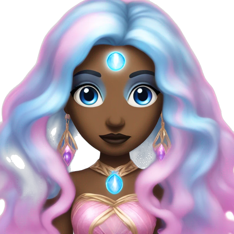 magical diva with pink andromedan skin long hair and blue eyes glowing third eye emoji