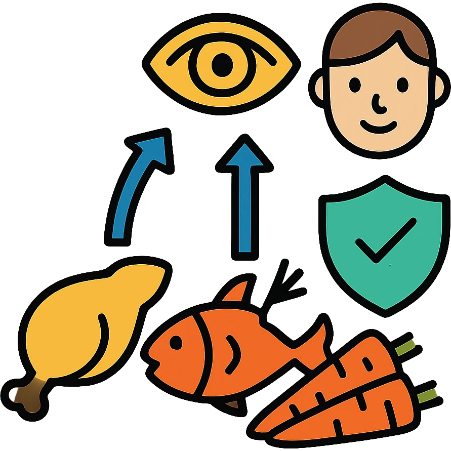 Food sources of Vitamin A: chicken, fish, and carrots with arrows pointing to healthy eye, skin and immune system emoji