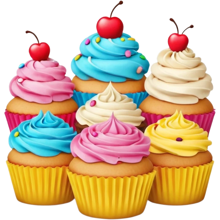 A 3D cartoon poster displayed on a wall, showing cupcakes with bright colors, clear text and borders, flat layout, realistic Memoji-style design. emoji