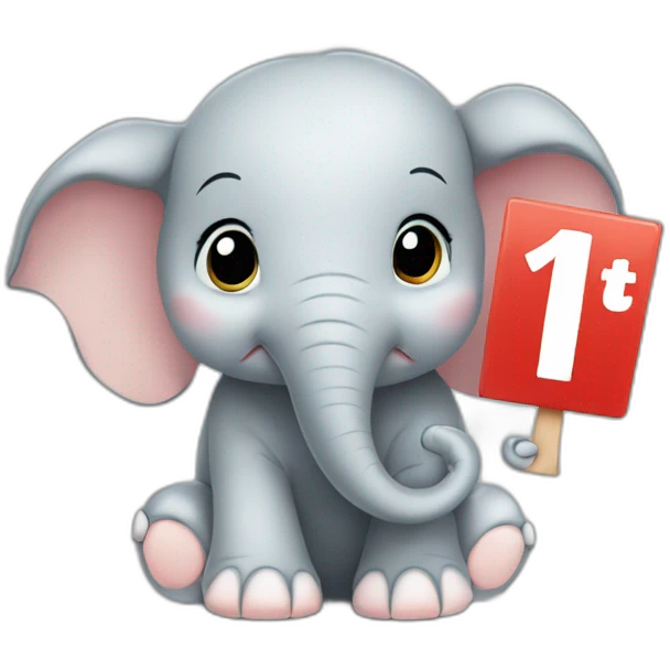 Animated baby elephant holding a sign with the words "#1 Fan" on it emoji