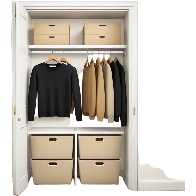 Cute closet with door ajar revealing black long sleeve shirts, sweaters, and khaki work pants hanging organized emoji