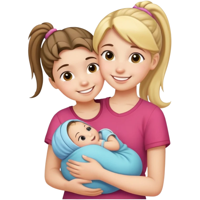 Teenage girl with ponytail embracing a baby and her little sister, loving family emoji