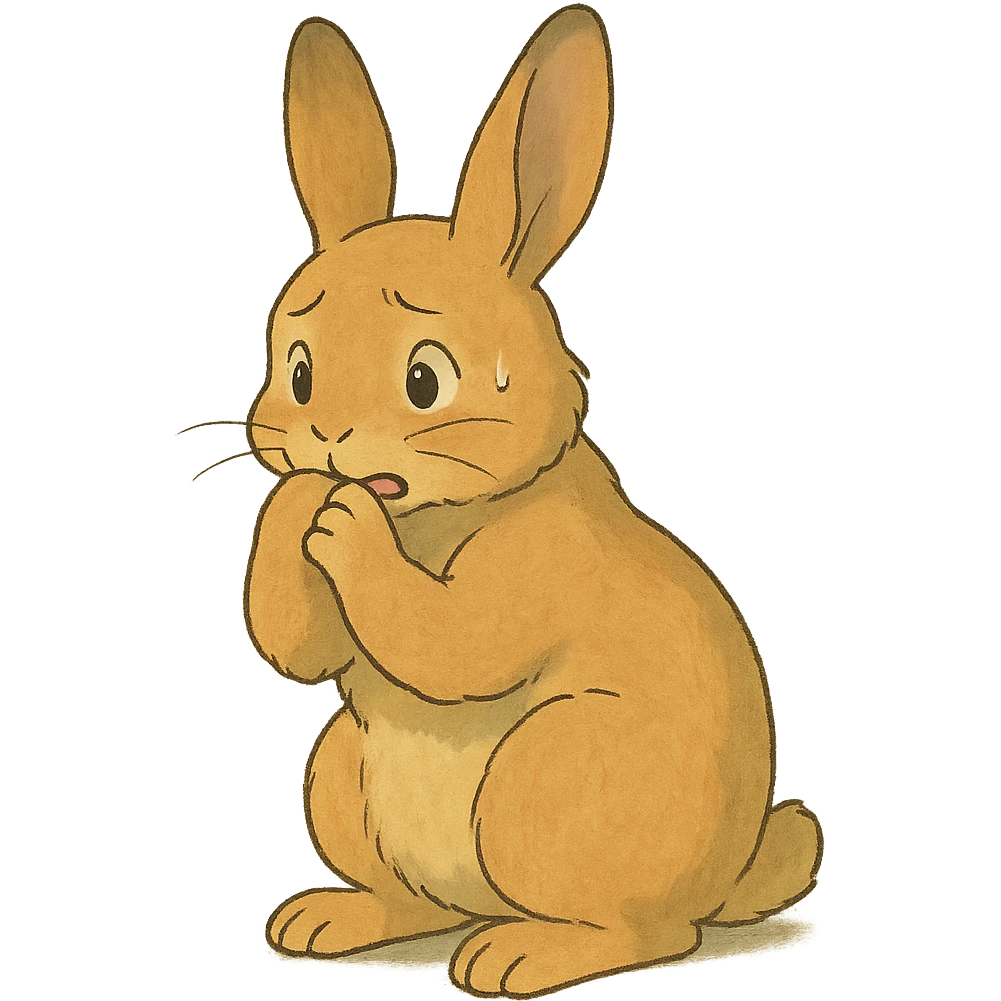 apricot bunny biting paw nervously, full body, soft ghibli style emoji