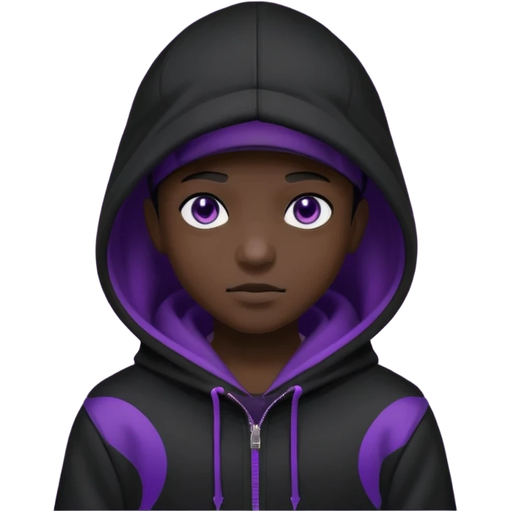 Cartoon blacked character related to a shadow, with all black clothes, focusing a hoodie with his cap on, no visible face because of the darkness, just his purple shadow eyes making a light bloom emoji