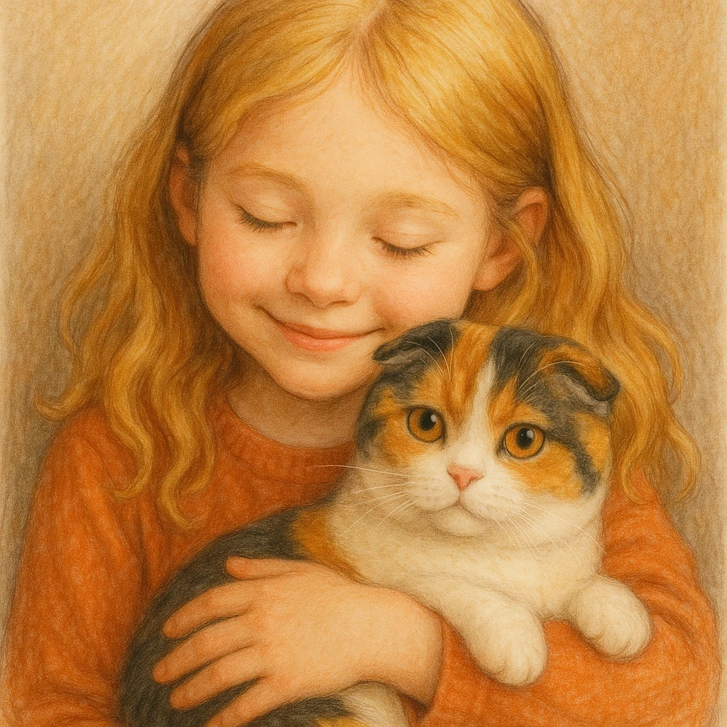 a blonde girl snuggling a Scottish Fold cat with three colors, warm and friendly style emoji