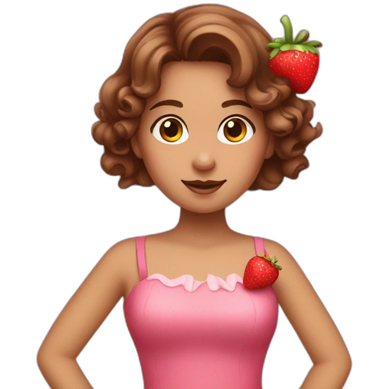 Girl with brown wavy hair and a pink dress and strawberry decorations emoji