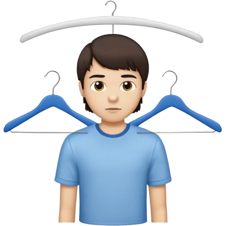 boy dark brown hair with bangs with straight eyebrows with  clothing hanger and the shirt that is hanged is white emoji