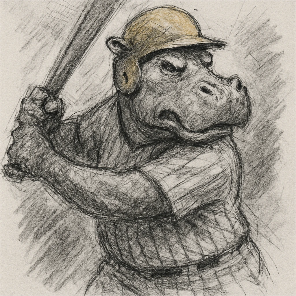 hippo holding a baseball bat, wearing a yellow helmet, pinstripes outfit emoji