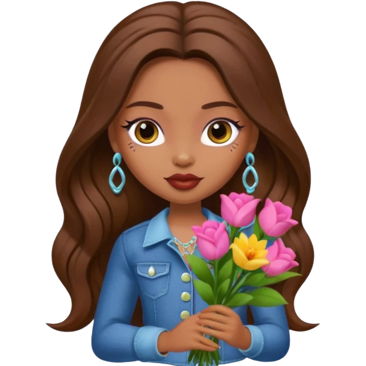 pretty bratz baddie, long brown hair holding flowers emoji