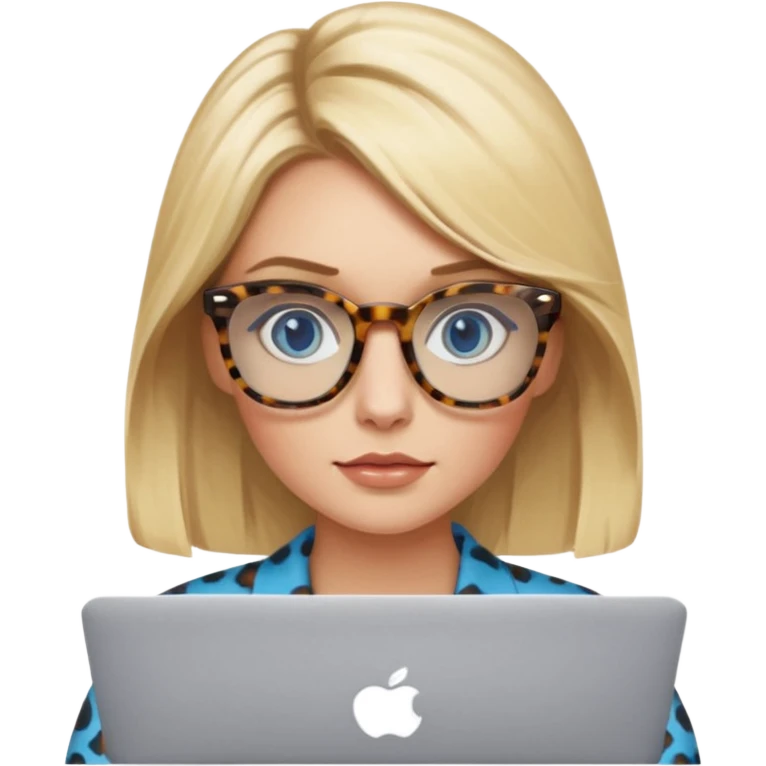 blonde hair woman blue eyes with tortoise shell print glasses on mac book  emoji