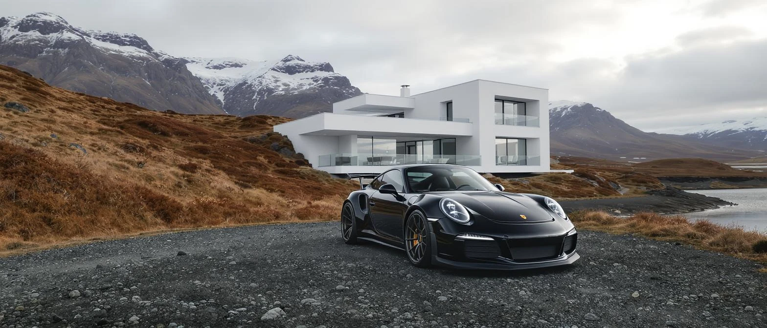 black porsche 911 with bodykit, in background is modern huge two flors white villa, in distance are iceland mountains, rule of thirds, shot on gopro hero, noise camera emoji