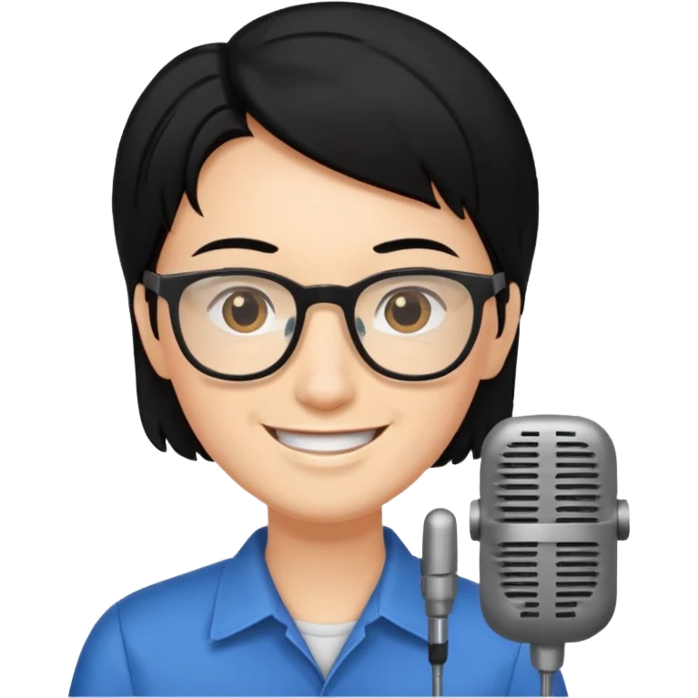Un locutor de radio, pelo negro, con gafas, emoji