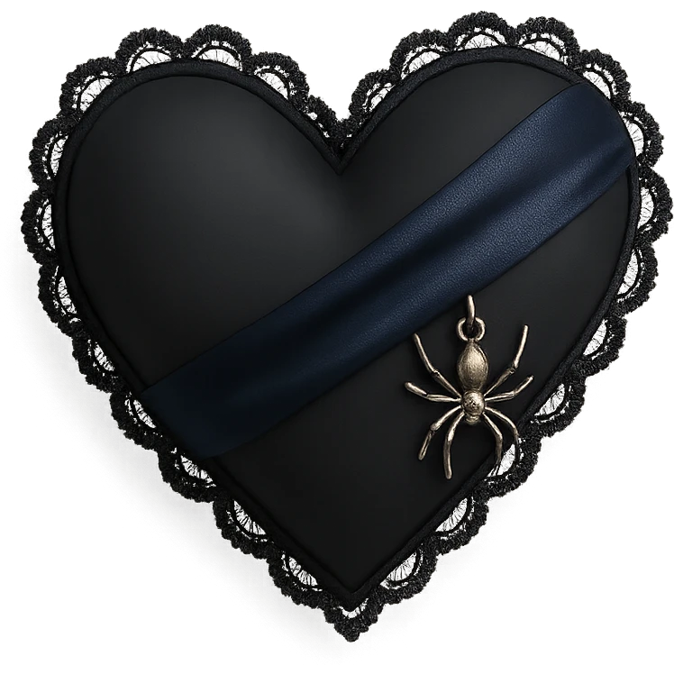 3D black style gothic heart, midnight blue silk, silver spider charm, lace trim, mysterious and rich emoji
