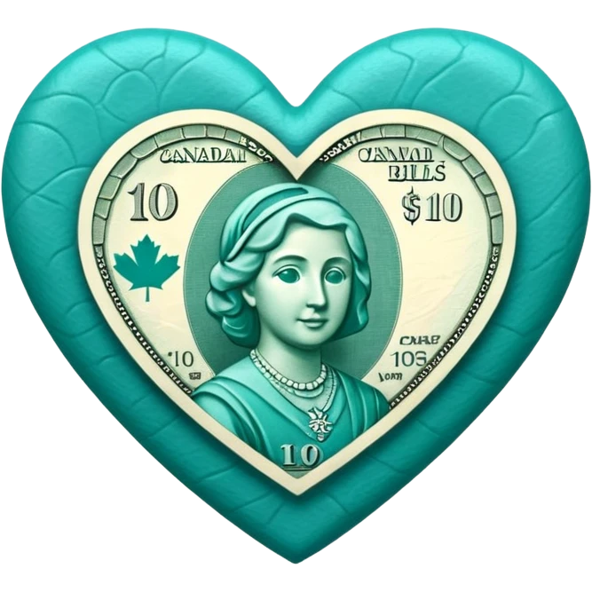 Teal heart with Canadian $10 bill emoji