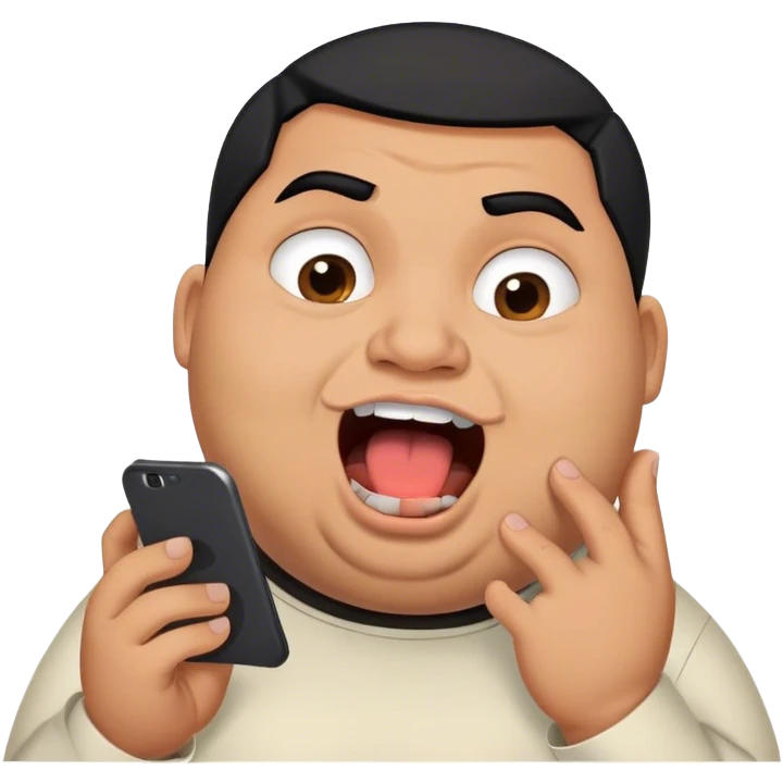 chubby ugly arab guy with undercut and black hair looking at his phone with open mouth emoji
