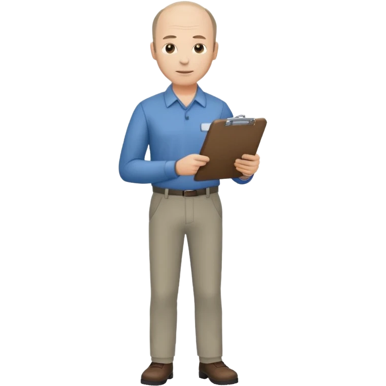 man, mid 40's shirt and trousers balding hairline, full body, standing, holding a clipboard emoji
