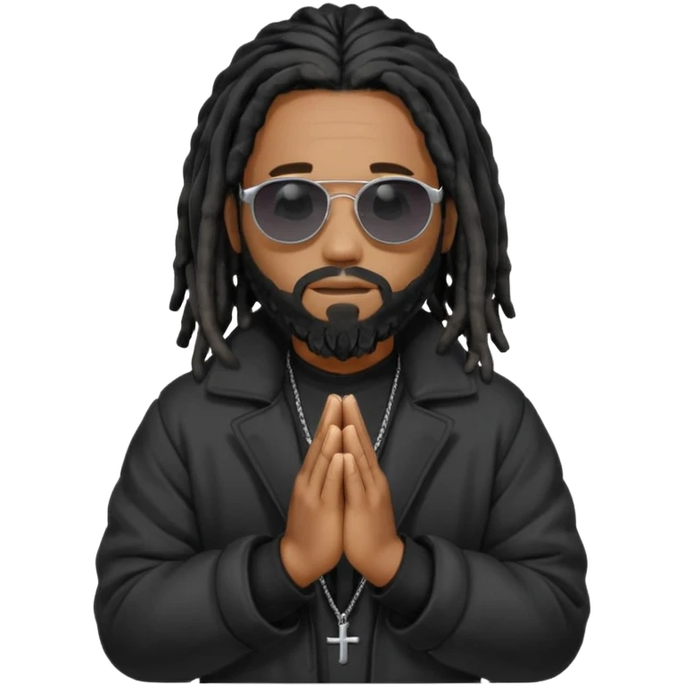 African American man with shoulder length black dreadlocks with black beard wearing black sunglasses wearing a black bubble winter coat praying emoji