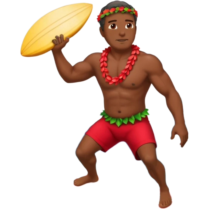 Dark Muscular 50 year old Hawaiian man with red shorts and a shell lei surfing a big wave emoji