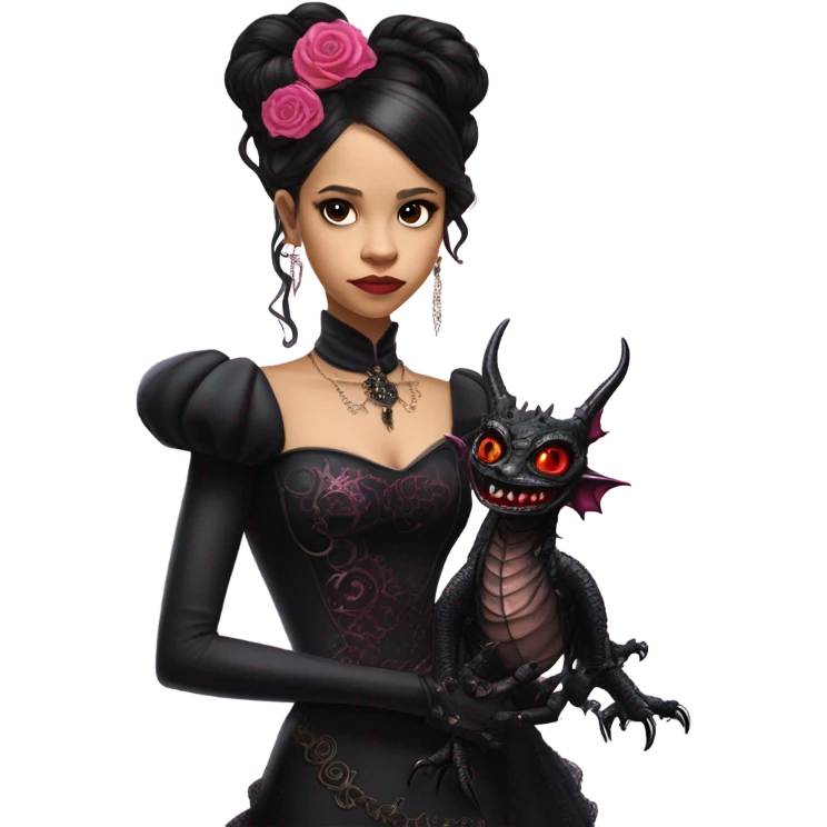 Lavish black evening gown with see-through gloves, Jenna Ortega as Addams woman wearing a steampunk mini tiara, very large blood pink evil-looking horned old dragon emoji