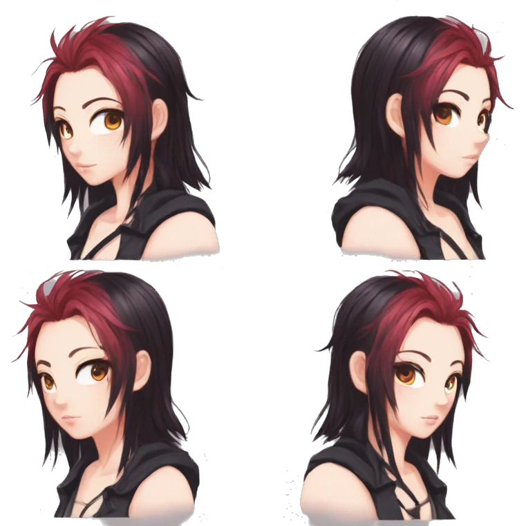 Gorgeous anime style tomboy-lady with blushing face aesthetic and pretty edgy black red punk hair with hair garment trending style emoji