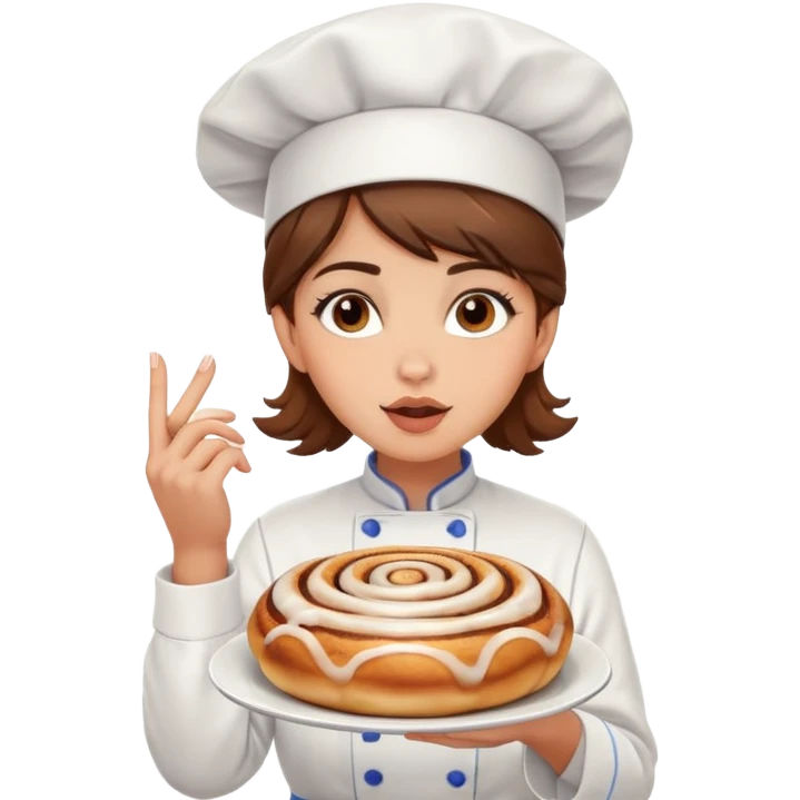 a chef female with brown hair and brown eyes blowing a kiss with a cinnamon roll in one hand emoji