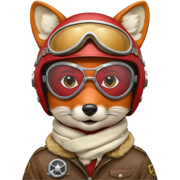 renard aviateur, casque en cuir, écharpe blanche, lunettes "climax" sur le casque au dessus des yeux, blouson aviateur, pas de double lunettes emoji