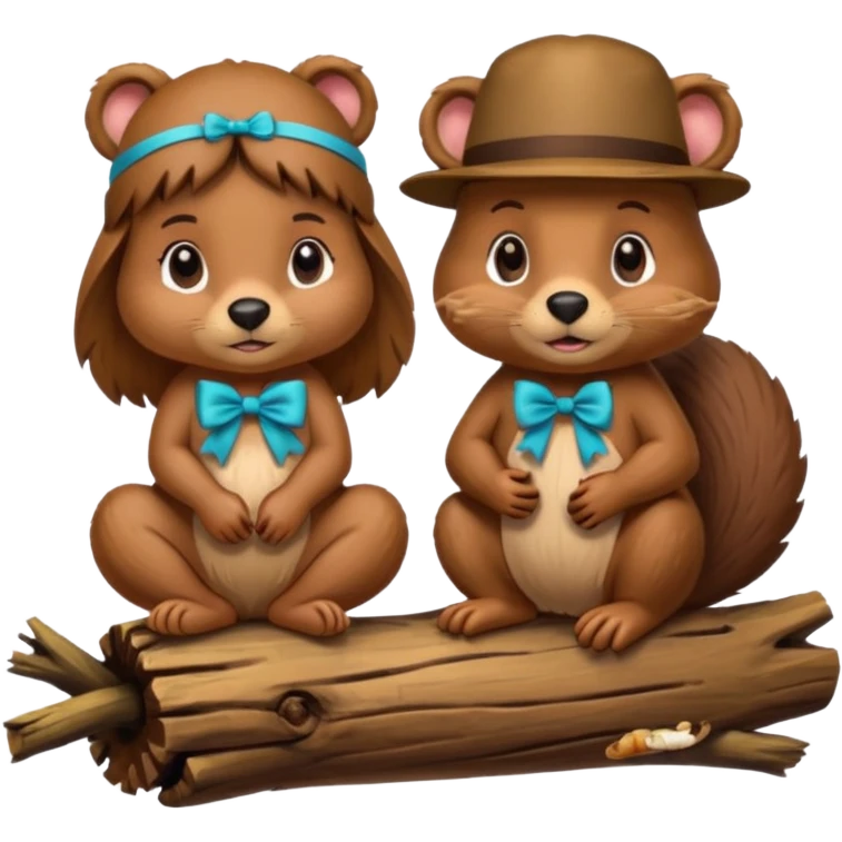 a girl beaver and a boy beaver on a log. give the girl eyelashes and a bow on top of her head emoji