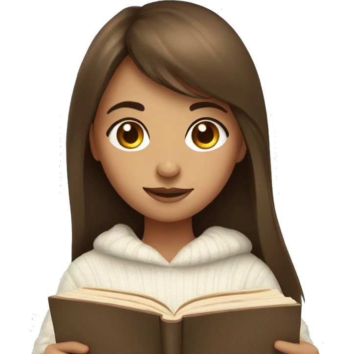 Girl with brown long hair and bangs with a cozy white sweater reading a book emoji